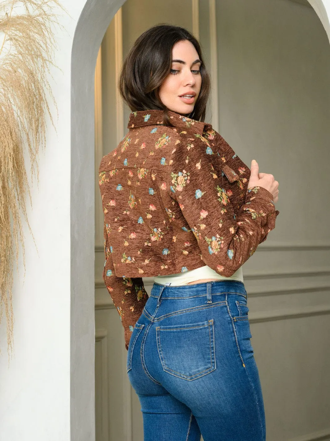 WOMEN'S LONG SLEEVE BUTTON UP FLORAL CROP JACKET