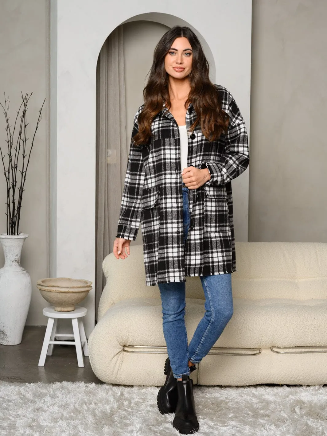 WOMEN'S LONG SLEEVE BUTTON UP FRONT POCKETS PLAID COAT
