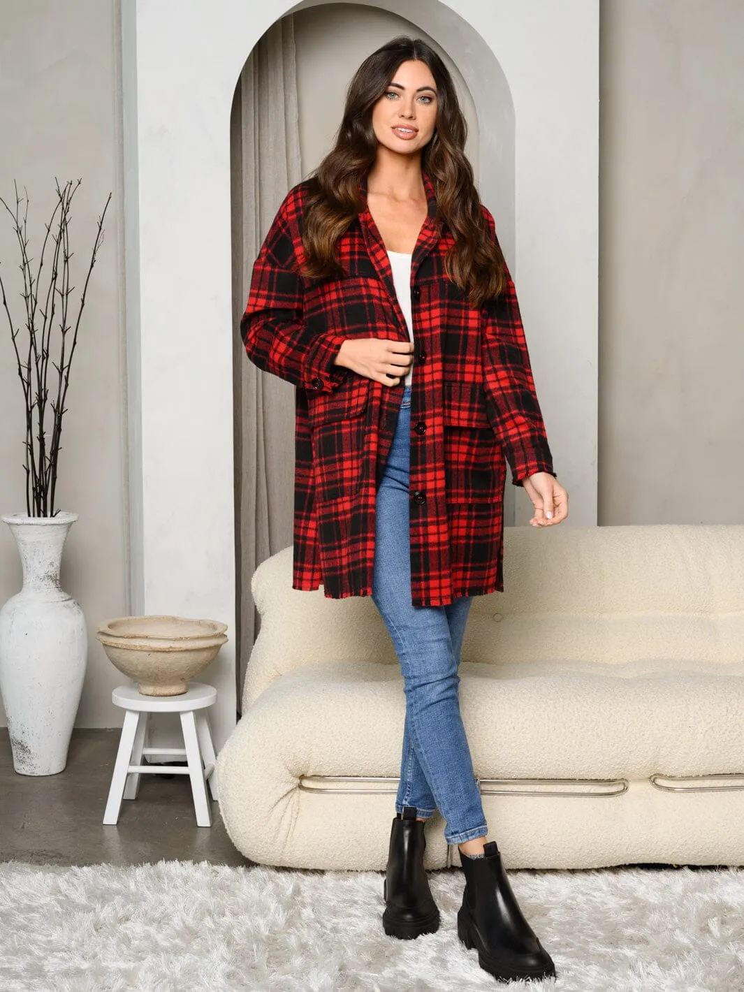 WOMEN'S LONG SLEEVE BUTTON UP FRONT POCKETS PLAID COAT
