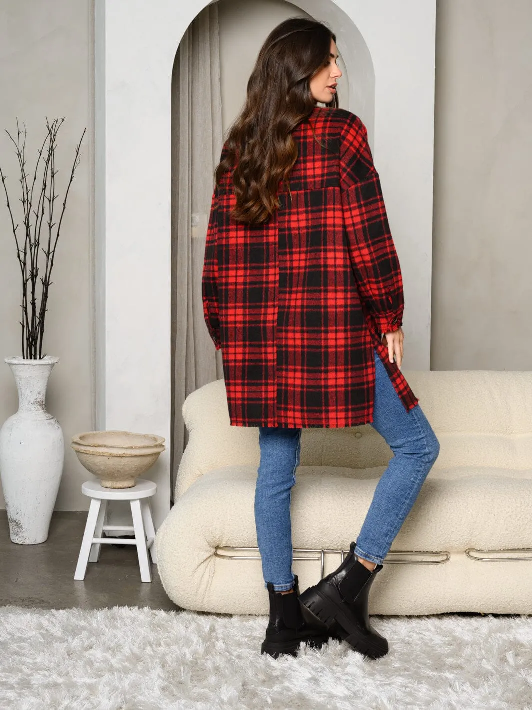 WOMEN'S LONG SLEEVE BUTTON UP FRONT POCKETS PLAID COAT