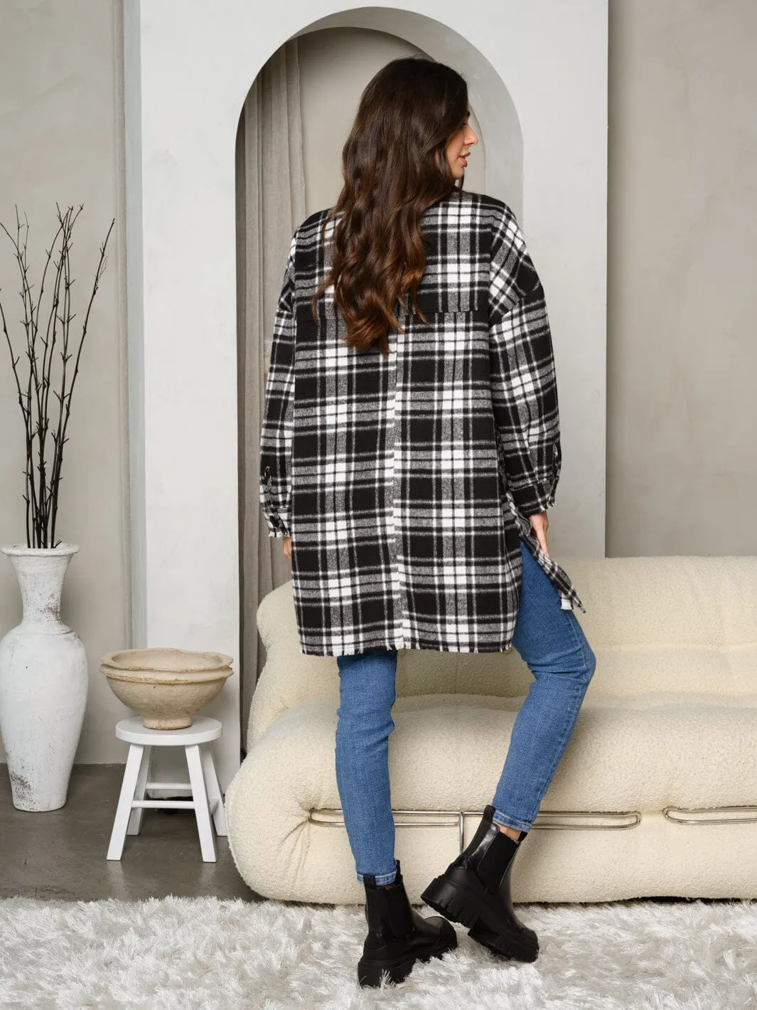 WOMEN'S LONG SLEEVE BUTTON UP FRONT POCKETS PLAID COAT