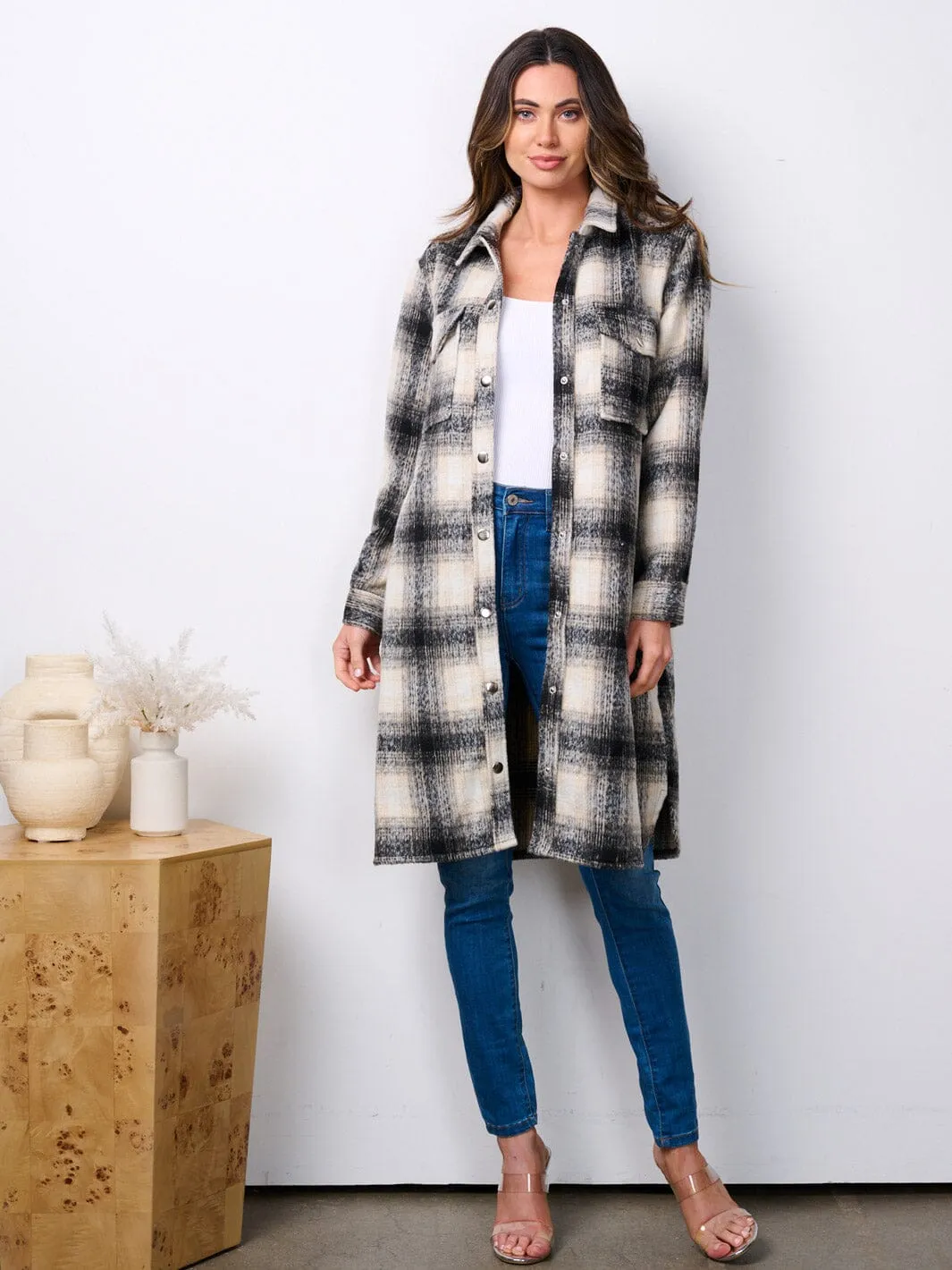 WOMEN'S LONG SLEEVE BUTTON UP POCKETS PLAID COAT