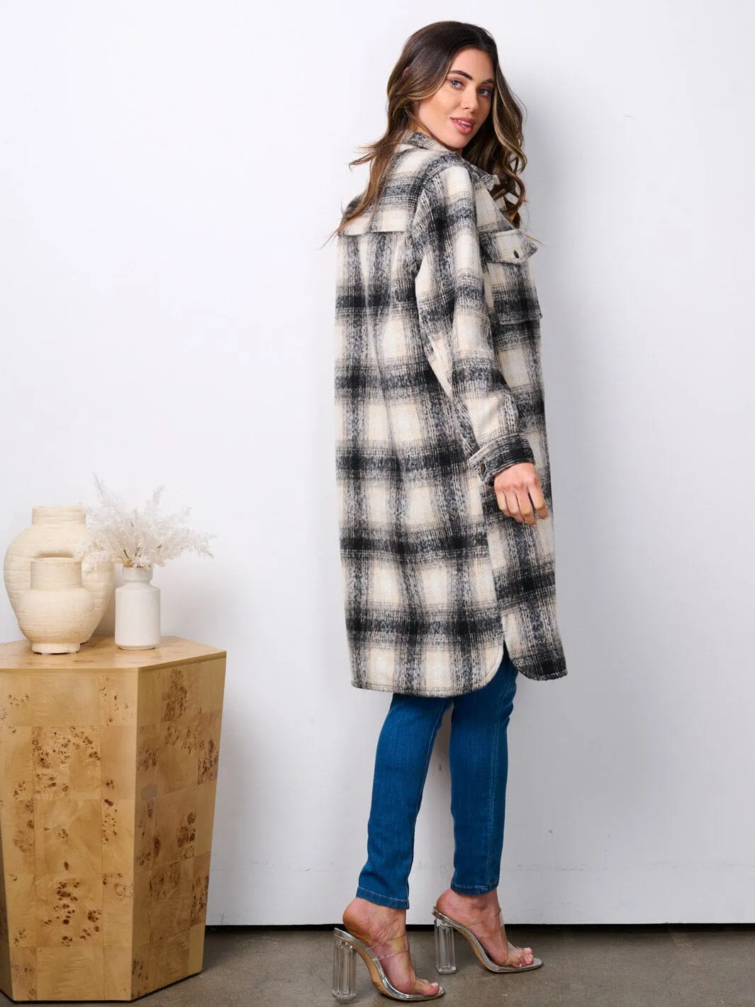 WOMEN'S LONG SLEEVE BUTTON UP POCKETS PLAID COAT