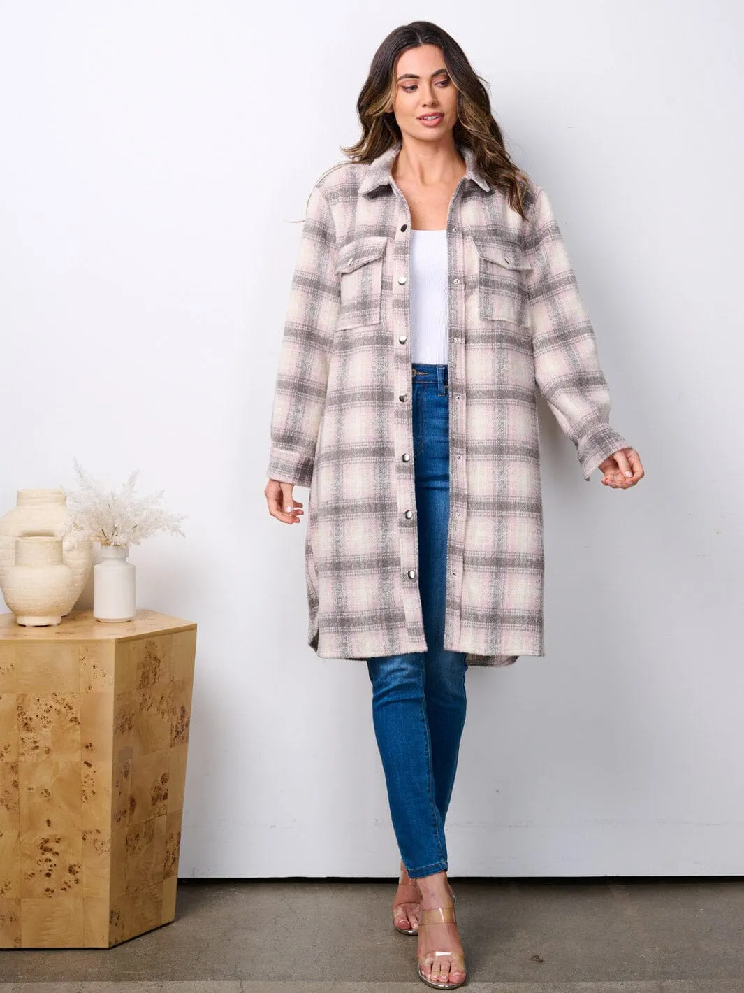 WOMEN'S LONG SLEEVE BUTTON UP POCKETS PLAID COAT