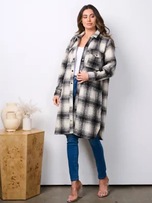 WOMEN'S LONG SLEEVE BUTTON UP POCKETS PLAID COAT