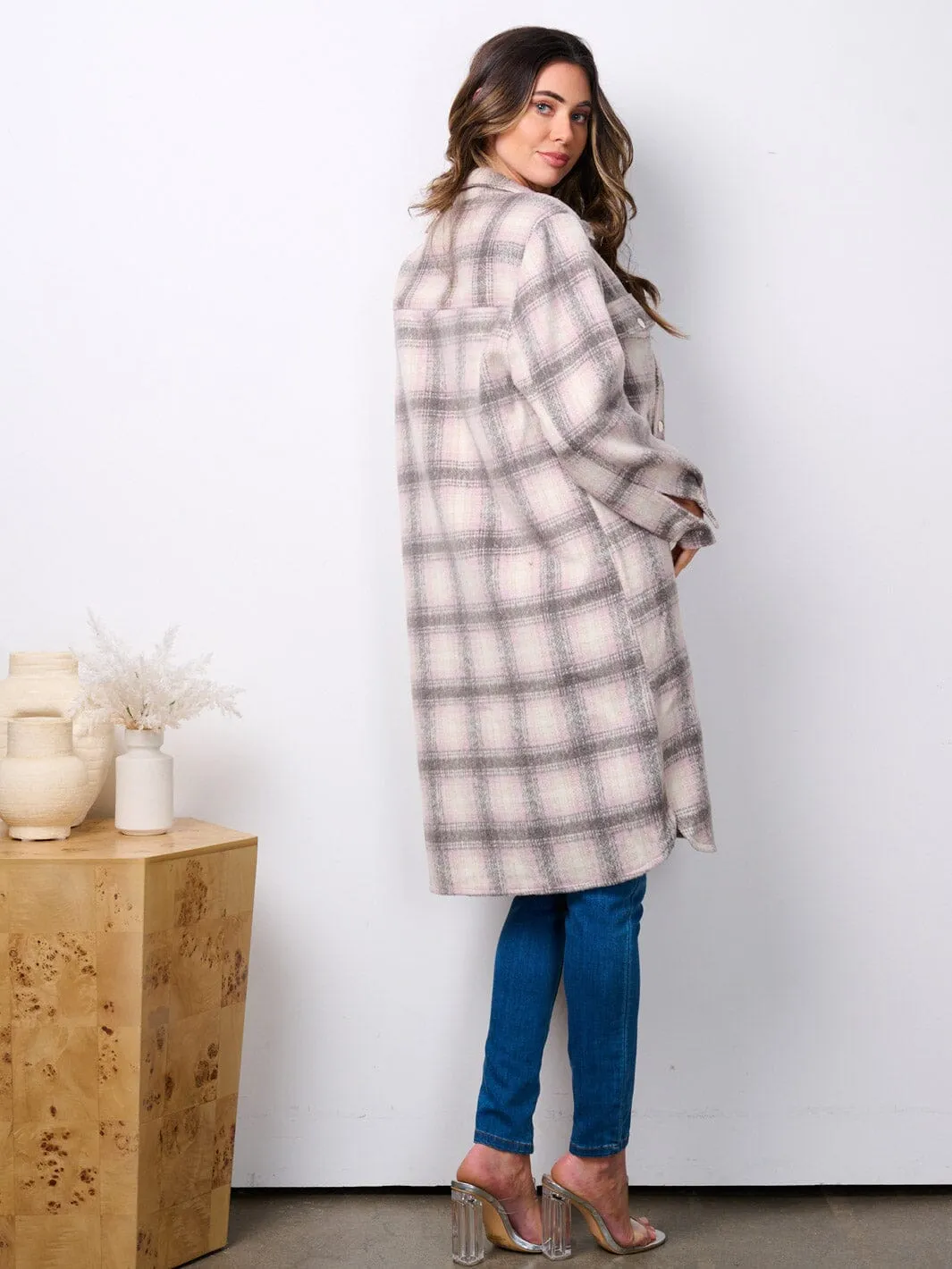 WOMEN'S LONG SLEEVE BUTTON UP POCKETS PLAID COAT