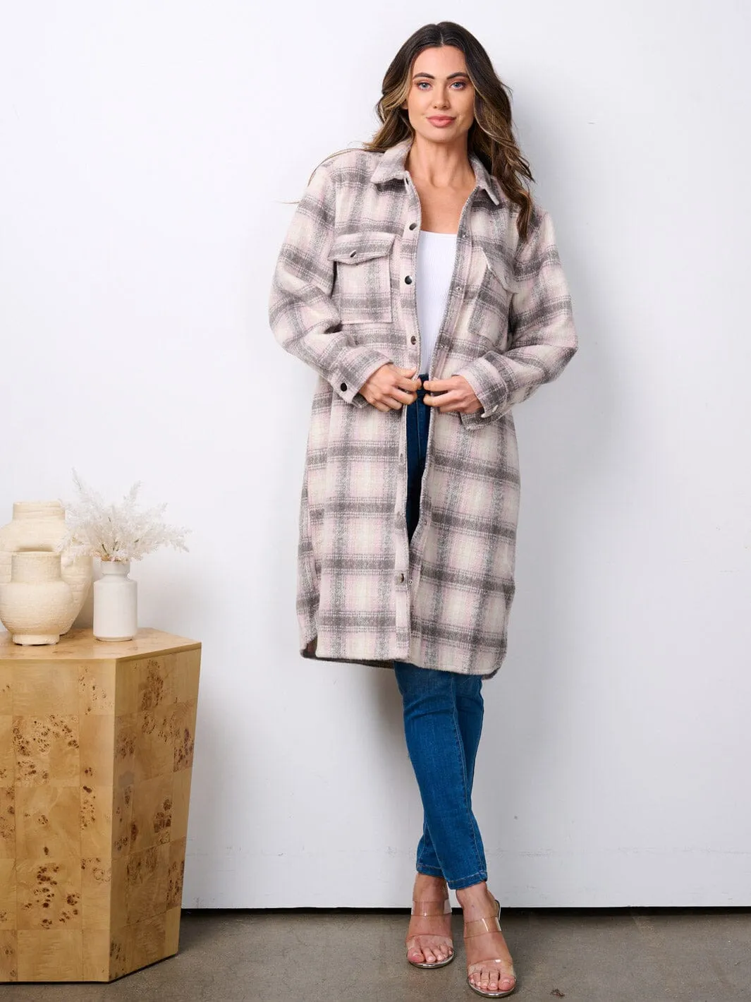 WOMEN'S LONG SLEEVE BUTTON UP POCKETS PLAID COAT
