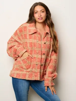 WOMEN'S LONG SLEEVE BUTTON UP POCKETS SHERPA PLAID JACKET