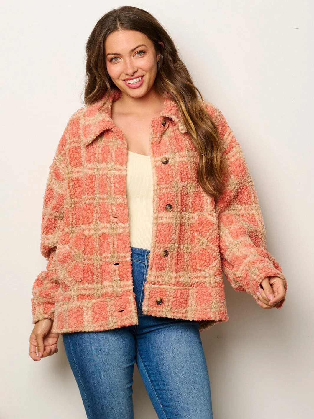 WOMEN'S LONG SLEEVE BUTTON UP POCKETS SHERPA PLAID JACKET