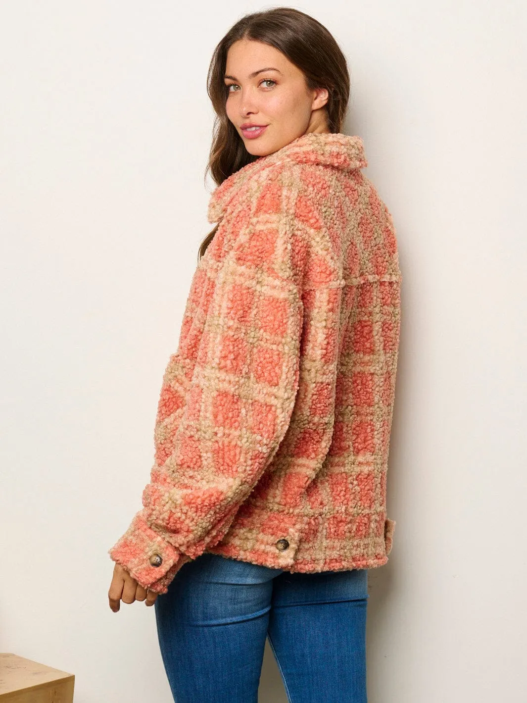 WOMEN'S LONG SLEEVE BUTTON UP POCKETS SHERPA PLAID JACKET