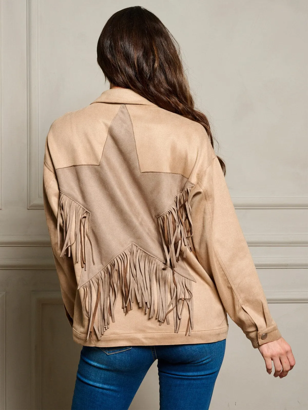 WOMEN'S LONG SLEEVE BUTTON UP STAR FRINGE BACK DETAILED JACKET