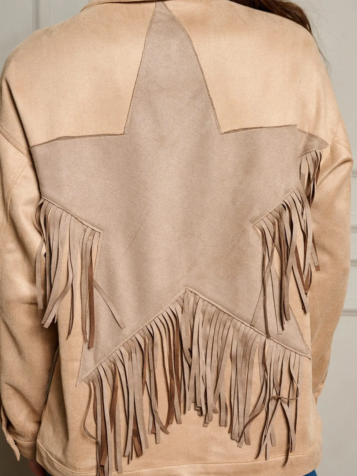 WOMEN'S LONG SLEEVE BUTTON UP STAR FRINGE BACK DETAILED JACKET