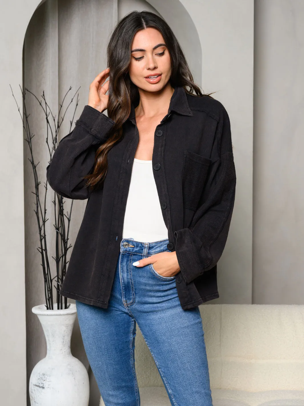 WOMEN'S LONG SLEEVE MINERAL WASHED BUTTON UP JACKET