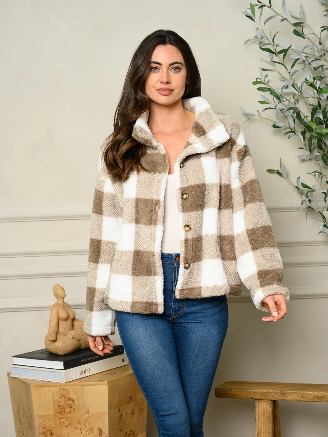 WOMEN'S LONG SLEEVE PLAID COLLAR COAT SWEATER