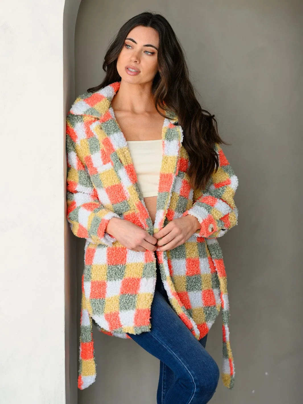 WOMEN'S LONG SLEEVE PLAID TEDDY BUTTON UP SELF TIE JACKET