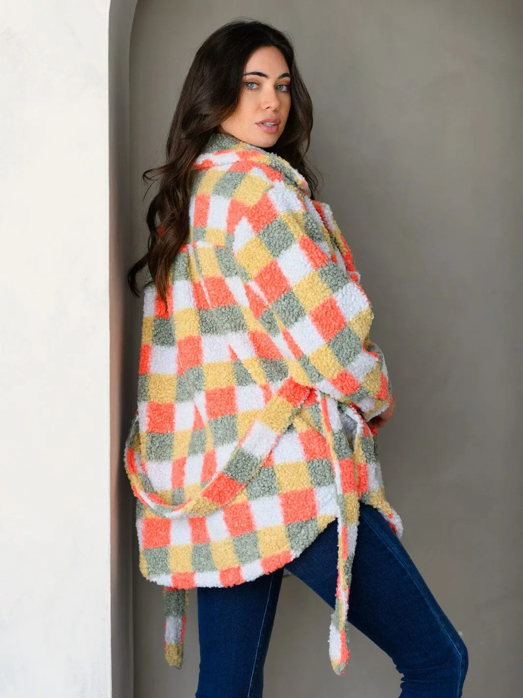 WOMEN'S LONG SLEEVE PLAID TEDDY BUTTON UP SELF TIE JACKET