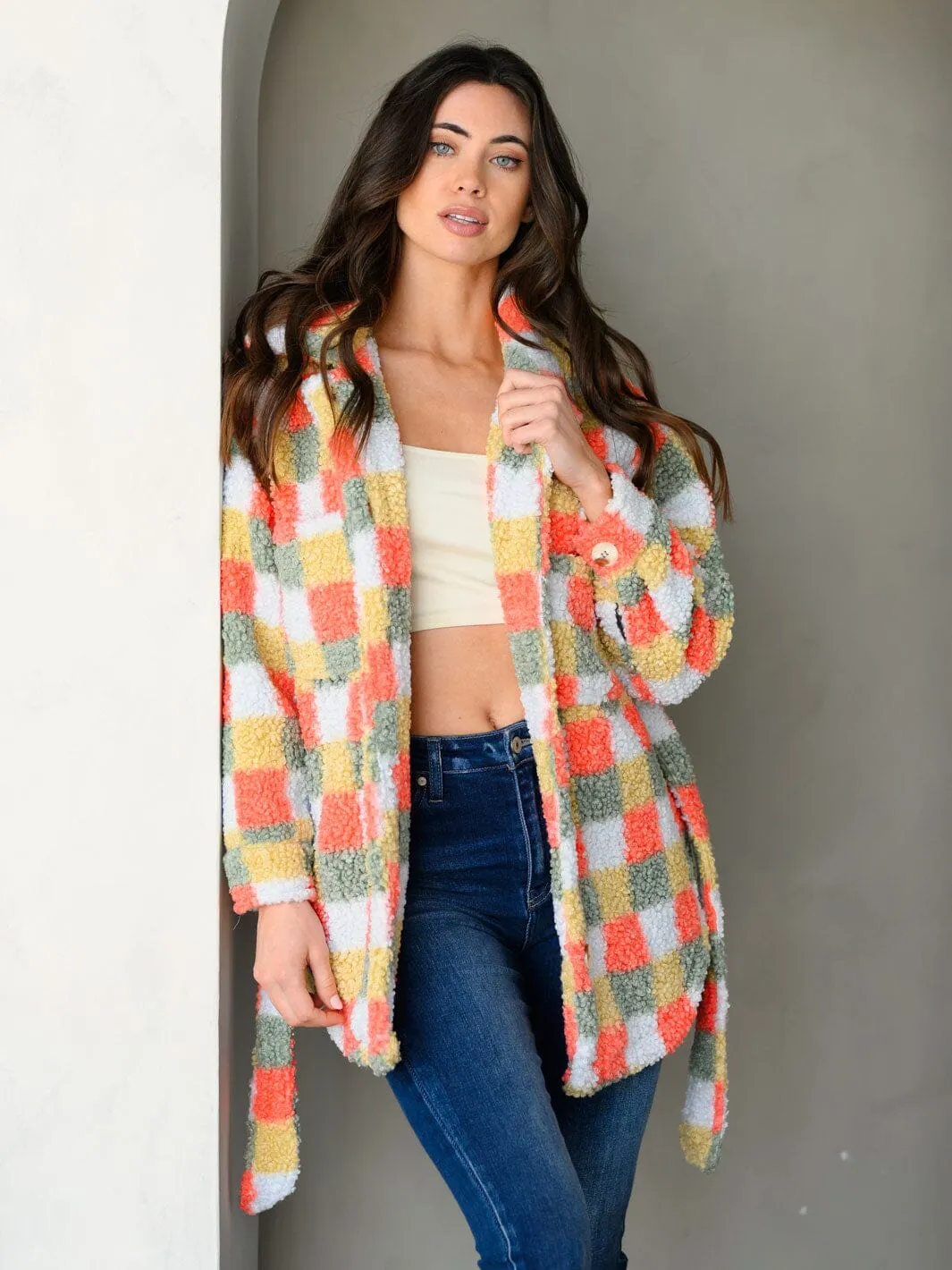 WOMEN'S LONG SLEEVE PLAID TEDDY BUTTON UP SELF TIE JACKET