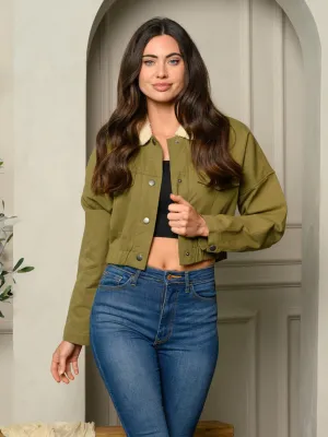WOMENS LONG SLEEVE SHARPA COLLAR BUTTON UP CROP JACKET