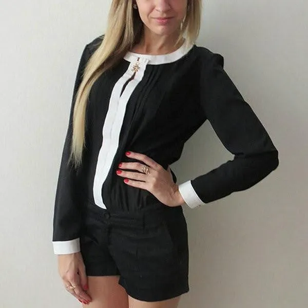 Womens Long Sleeve Shirt Chiffon Pleated Patchwork Office Blouses Tops