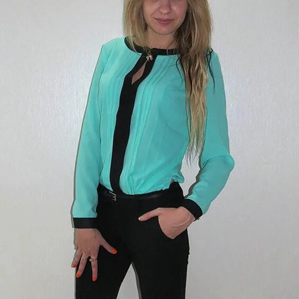 Womens Long Sleeve Shirt Chiffon Pleated Patchwork Office Blouses Tops