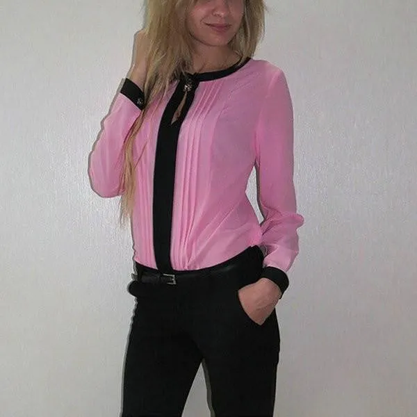 Womens Long Sleeve Shirt Chiffon Pleated Patchwork Office Blouses Tops