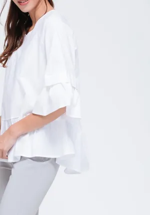 Women's Ruffle Hem Crew Neck Top In White