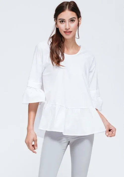 Women's Ruffle Hem Crew Neck Top In White
