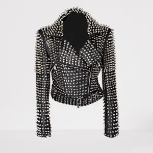 Women's Slim Fit Studded Biker Leather Jacket