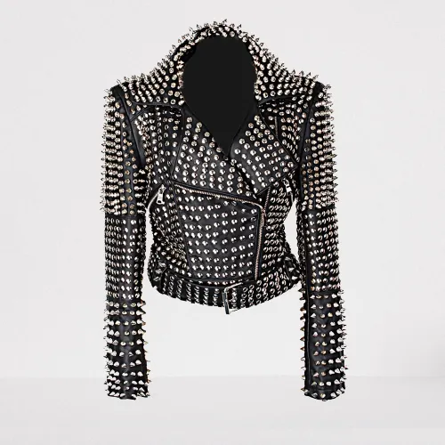 Women's Slim Fit Studded Biker Leather Jacket