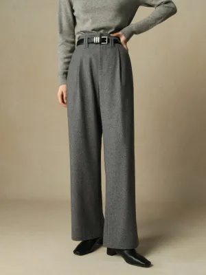 Women's Wool Blended Pants - High-Waisted Straight Full-Length Office Style with Pleated Design