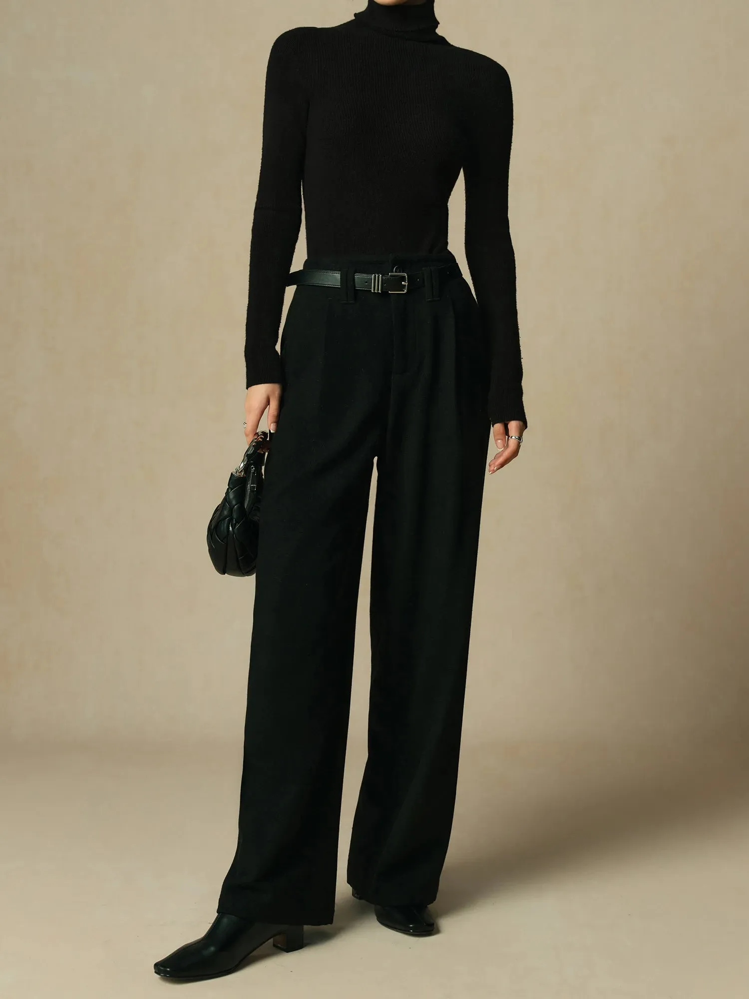 Women's Wool Blended Pants - High-Waisted Straight Full-Length Office Style with Pleated Design
