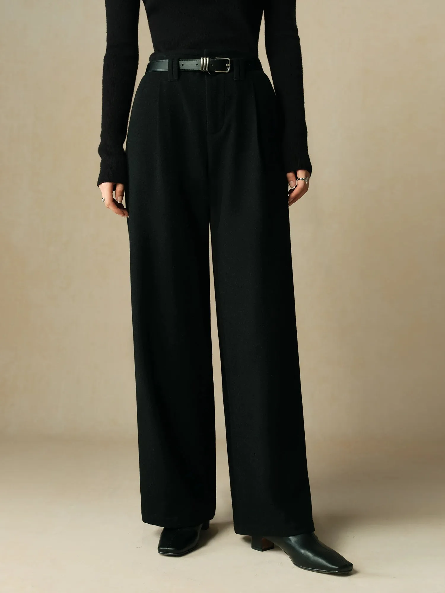 Women's Wool Blended Pants - High-Waisted Straight Full-Length Office Style with Pleated Design