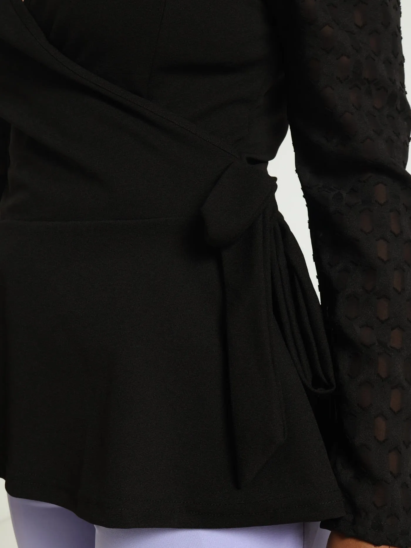 Wrap Peplum Combo Blouse - Black