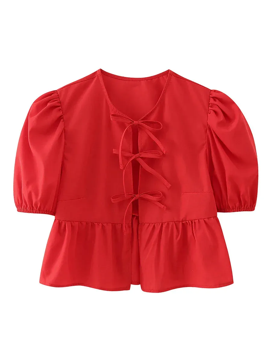wsevypo Chic Summer Babydoll Shirts Solid/Stripe Short Women's Puff Sleeve Round Neck Tie-Up Front Peplum Blouses Top for Street