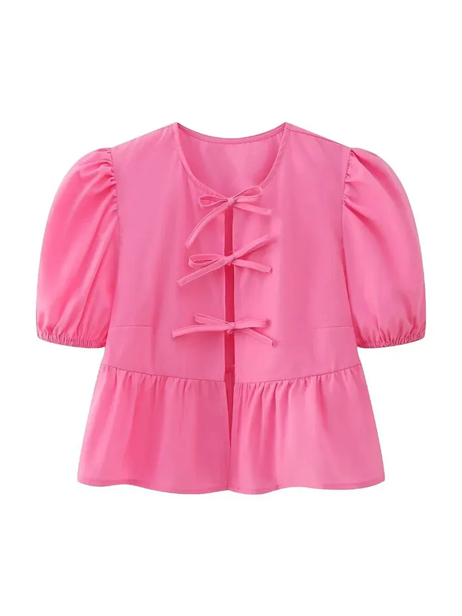 wsevypo Chic Summer Babydoll Shirts Solid/Stripe Short Women's Puff Sleeve Round Neck Tie-Up Front Peplum Blouses Top for Street