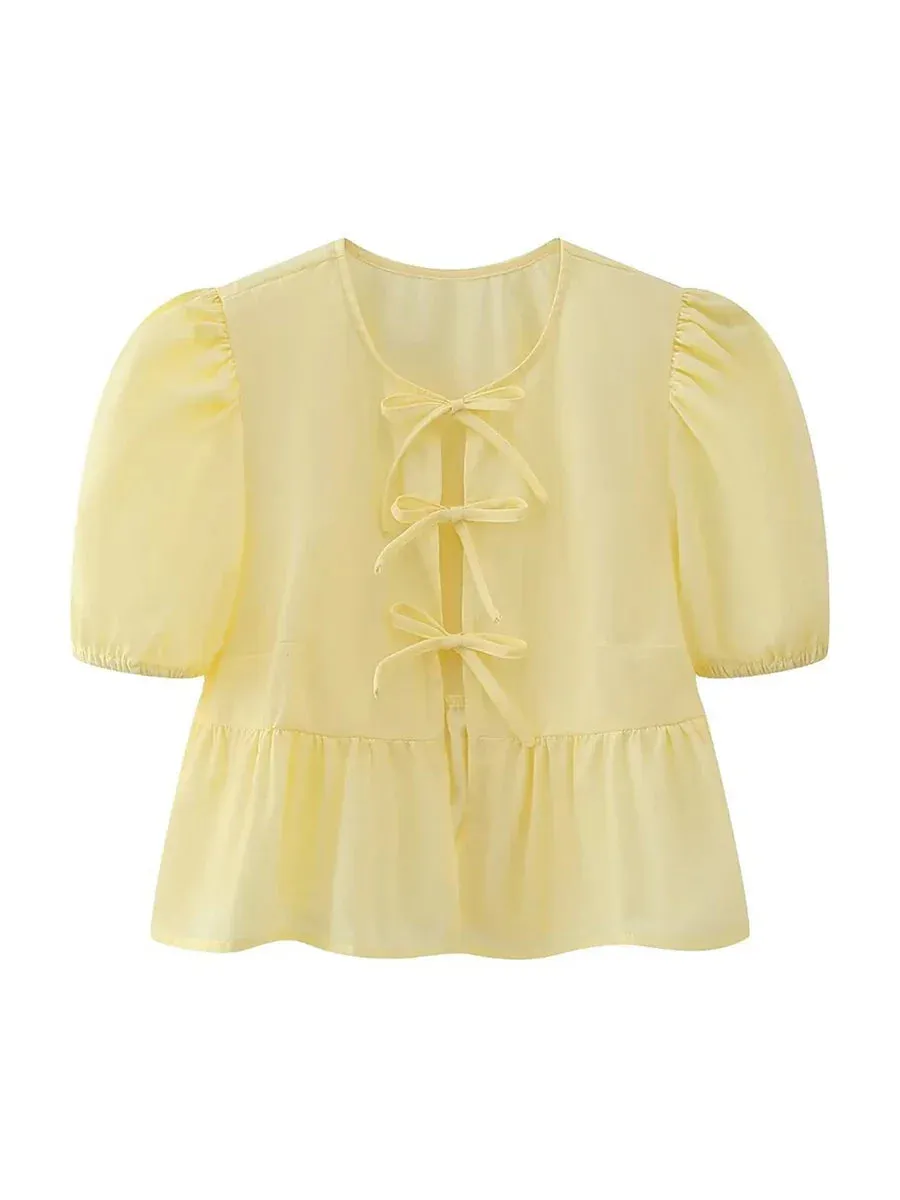 wsevypo Chic Summer Babydoll Shirts Solid/Stripe Short Women's Puff Sleeve Round Neck Tie-Up Front Peplum Blouses Top for Street
