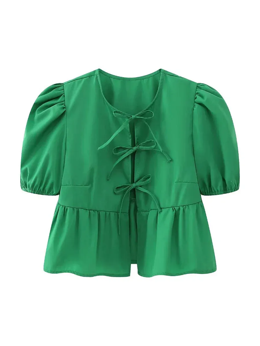 wsevypo Chic Summer Babydoll Shirts Solid/Stripe Short Women's Puff Sleeve Round Neck Tie-Up Front Peplum Blouses Top for Street