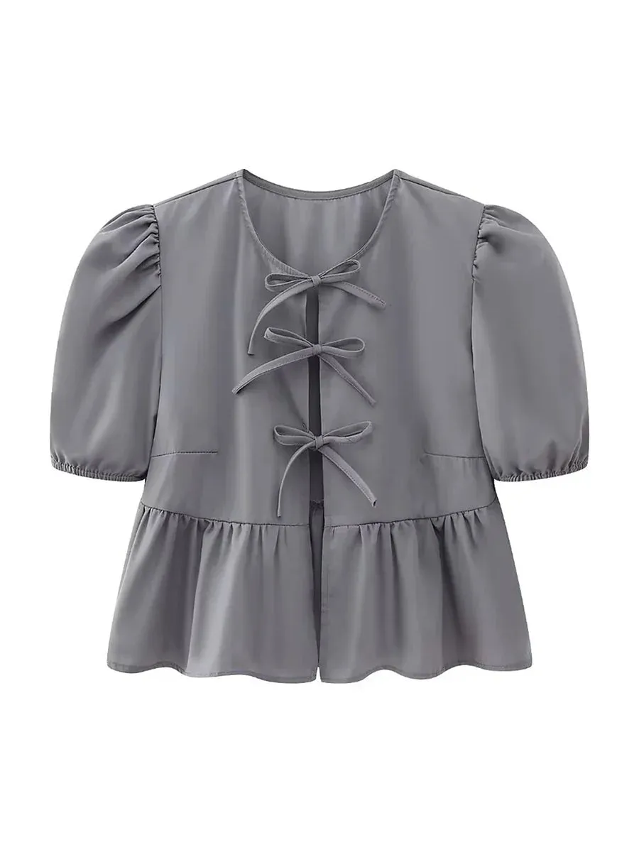 wsevypo Chic Summer Babydoll Shirts Solid/Stripe Short Women's Puff Sleeve Round Neck Tie-Up Front Peplum Blouses Top for Street