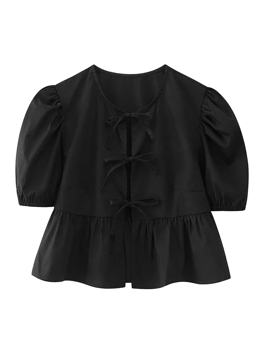 wsevypo Chic Summer Babydoll Shirts Solid/Stripe Short Women's Puff Sleeve Round Neck Tie-Up Front Peplum Blouses Top for Street