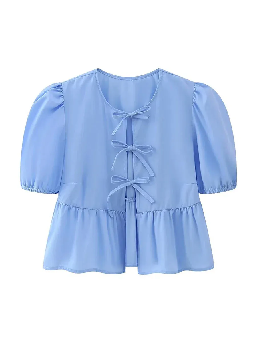 wsevypo Chic Summer Babydoll Shirts Solid/Stripe Short Women's Puff Sleeve Round Neck Tie-Up Front Peplum Blouses Top for Street