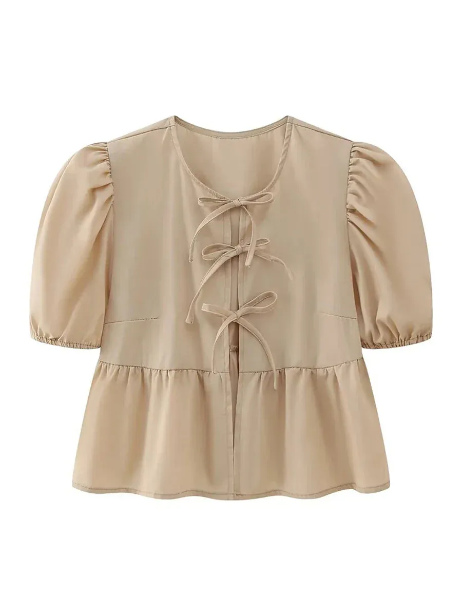 wsevypo Chic Summer Babydoll Shirts Solid/Stripe Short Women's Puff Sleeve Round Neck Tie-Up Front Peplum Blouses Top for Street