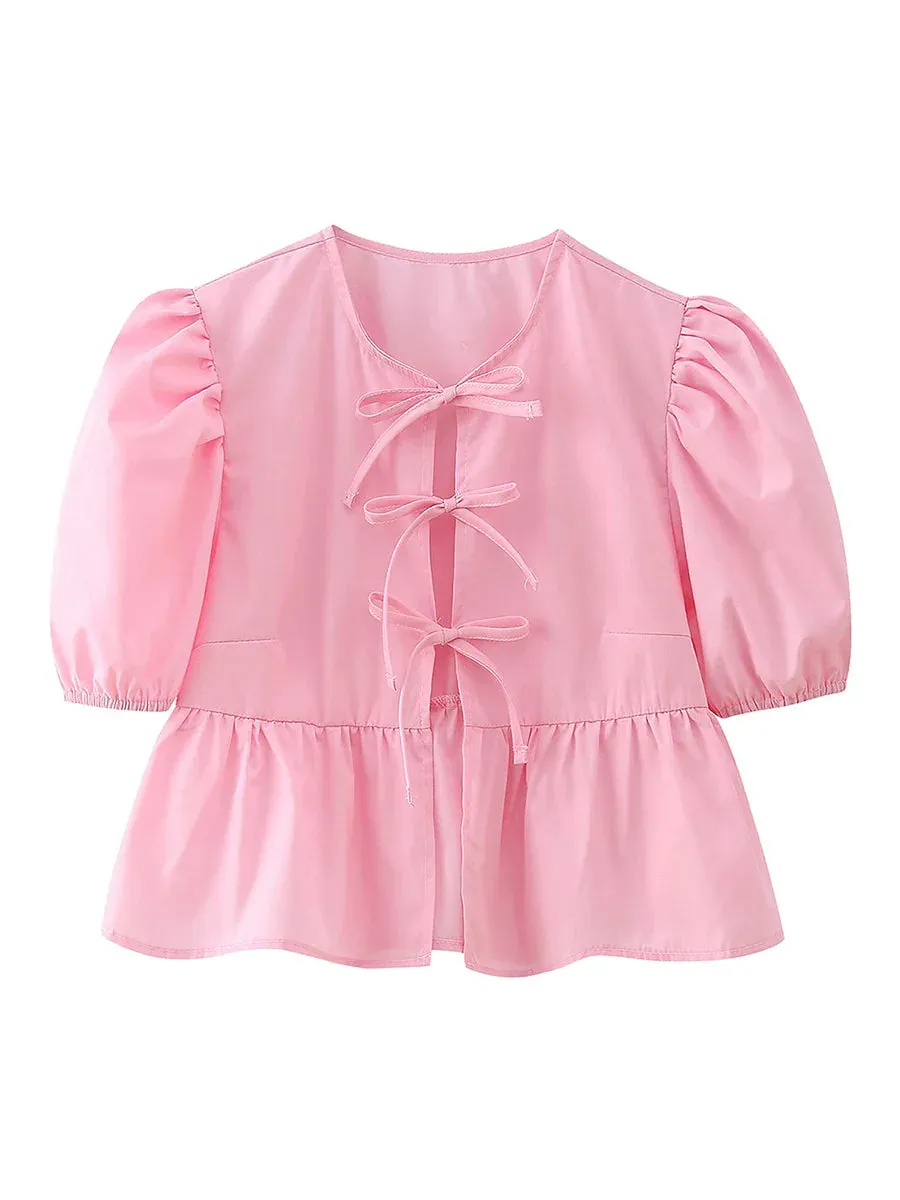 wsevypo Chic Summer Babydoll Shirts Solid/Stripe Short Women's Puff Sleeve Round Neck Tie-Up Front Peplum Blouses Top for Street
