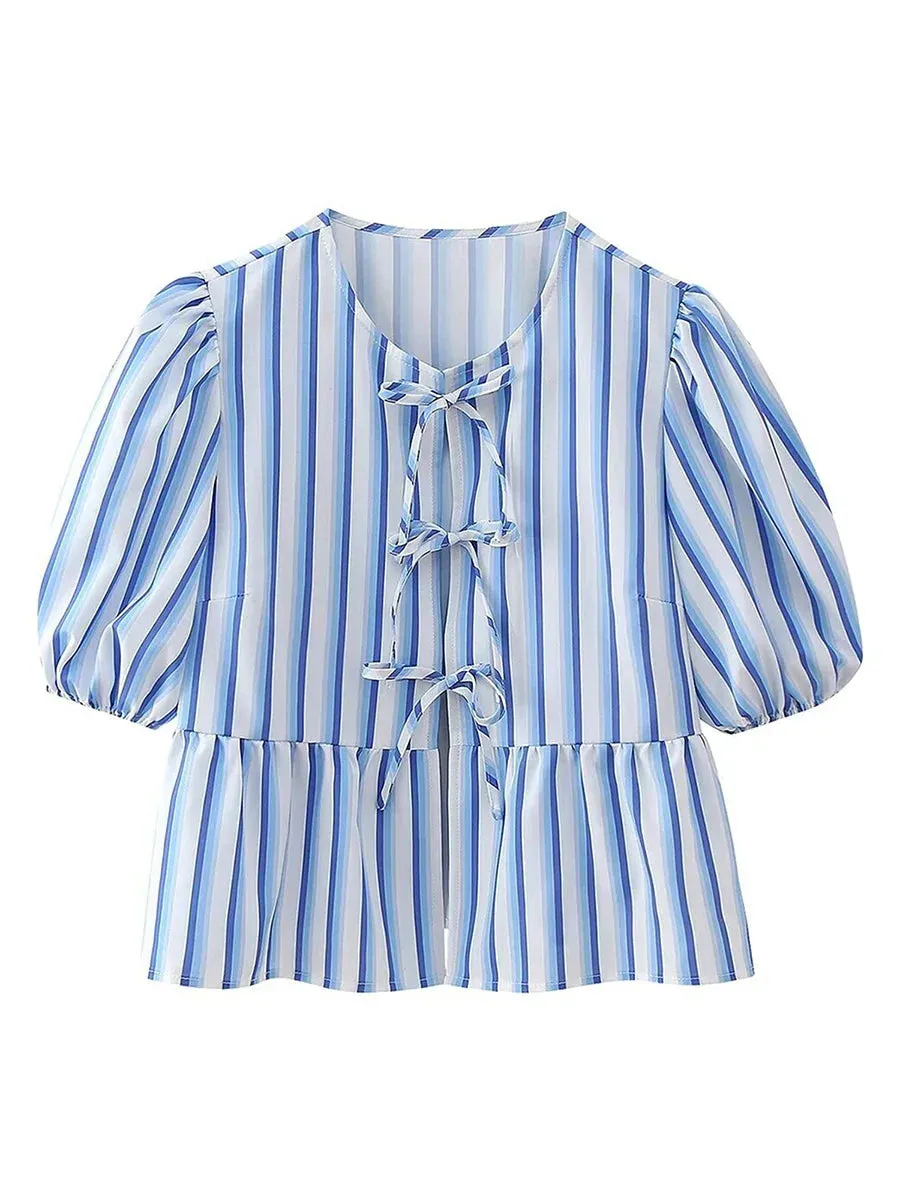 wsevypo Chic Summer Babydoll Shirts Solid/Stripe Short Women's Puff Sleeve Round Neck Tie-Up Front Peplum Blouses Top for Street