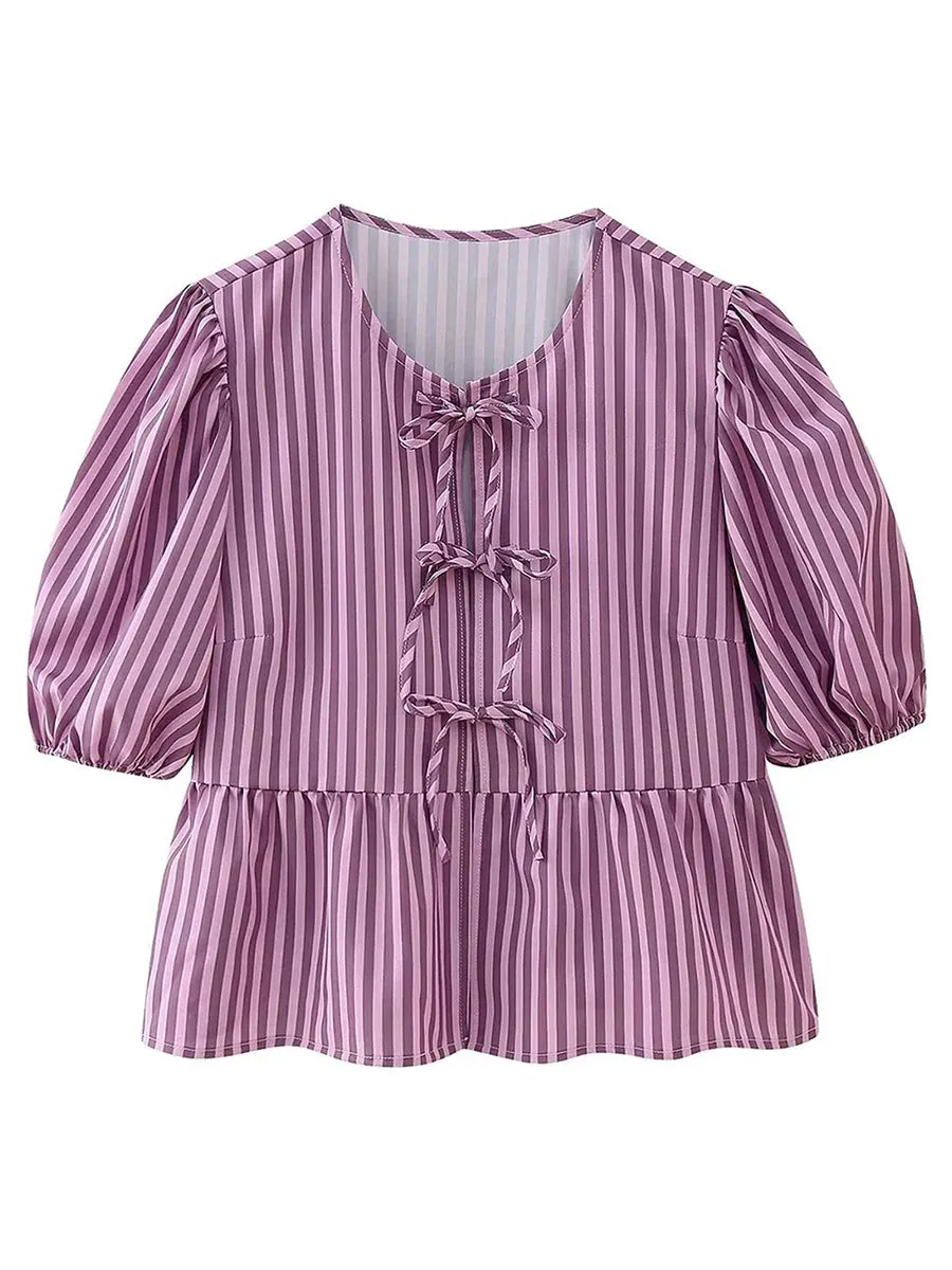 wsevypo Chic Summer Babydoll Shirts Solid/Stripe Short Women's Puff Sleeve Round Neck Tie-Up Front Peplum Blouses Top for Street