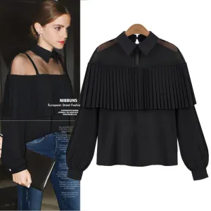 XXXL 4XL 5XL Plus Size Women Blouses Peter Pan Collar Mesh Patchwork Pleated Ruffled Chiffon Long Sleeve Shirts