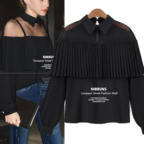 XXXL 4XL 5XL Plus Size Women Blouses Peter Pan Collar Mesh Patchwork Pleated Ruffled Chiffon Long Sleeve Shirts