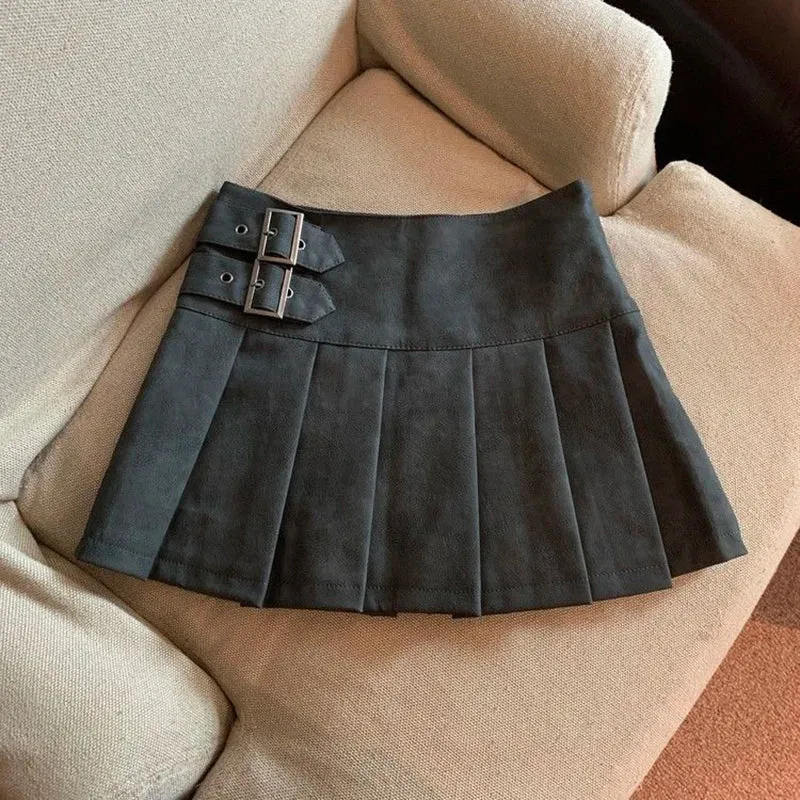 Y2K Pu Leather Mini Skirt Women Vintage High Waist Pleated Skirts Streetwear Korean Black Slim Casual A Line Skirts