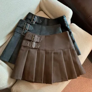 Y2K Pu Leather Mini Skirt Women Vintage High Waist Pleated Skirts Streetwear Korean Black Slim Casual A Line Skirts