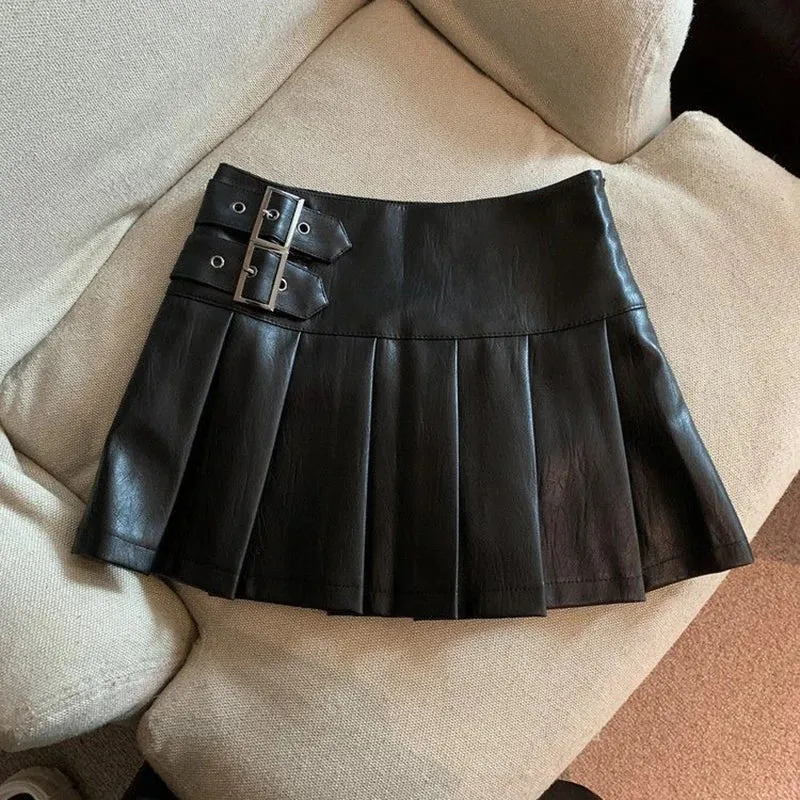 Y2K Pu Leather Mini Skirt Women Vintage High Waist Pleated Skirts Streetwear Korean Black Slim Casual A Line Skirts