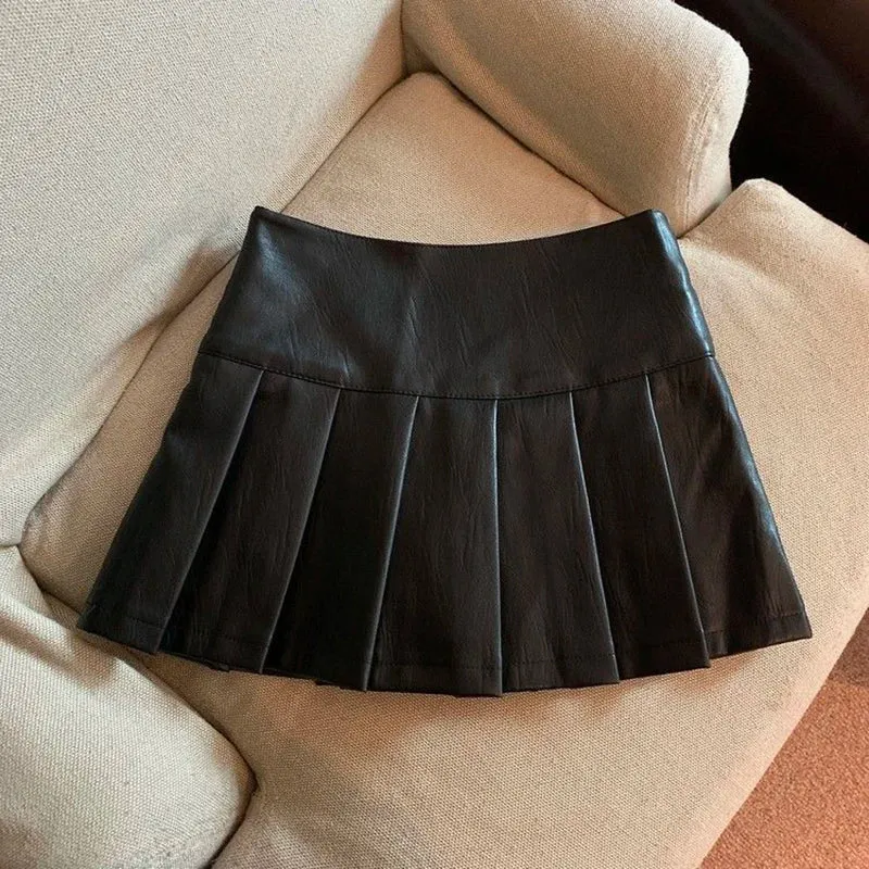Y2K Pu Leather Mini Skirt Women Vintage High Waist Pleated Skirts Streetwear Korean Black Slim Casual A Line Skirts